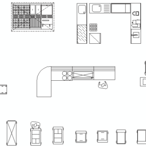 CAD blocks showing kitchen designs and furniture including appliances and cabinets.