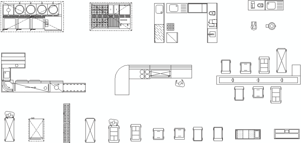 CAD blocks showing kitchen designs and furniture including appliances and cabinets.