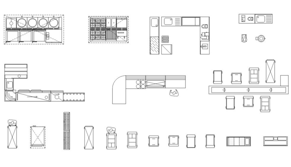 CAD blocks showing kitchen designs and furniture including appliances and cabinets.