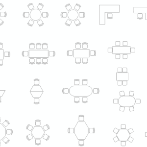 CAD blocks of various table designs including round, rectangular, and oval shapes.