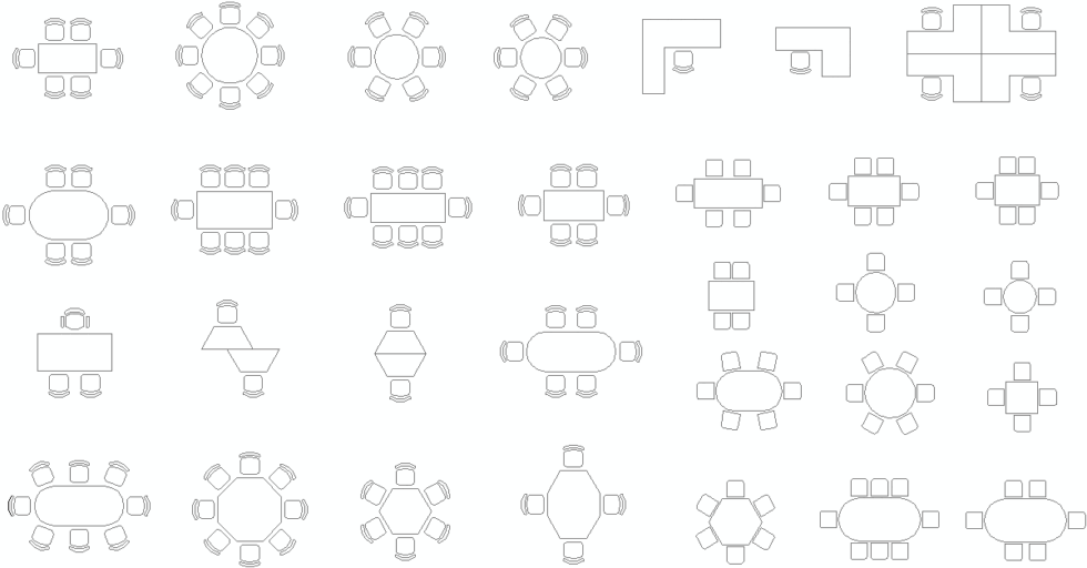 CAD blocks of various table designs including round, rectangular, and oval shapes.