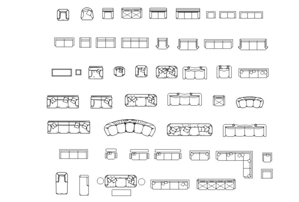 Top view of sofas and armchairs CAD blocks for living room in DWG format