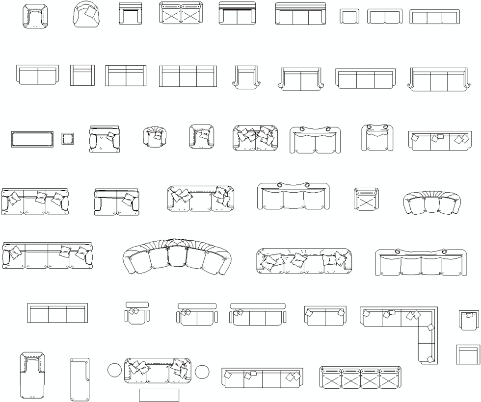 Top view of sofas and armchairs CAD blocks for living room in DWG format
