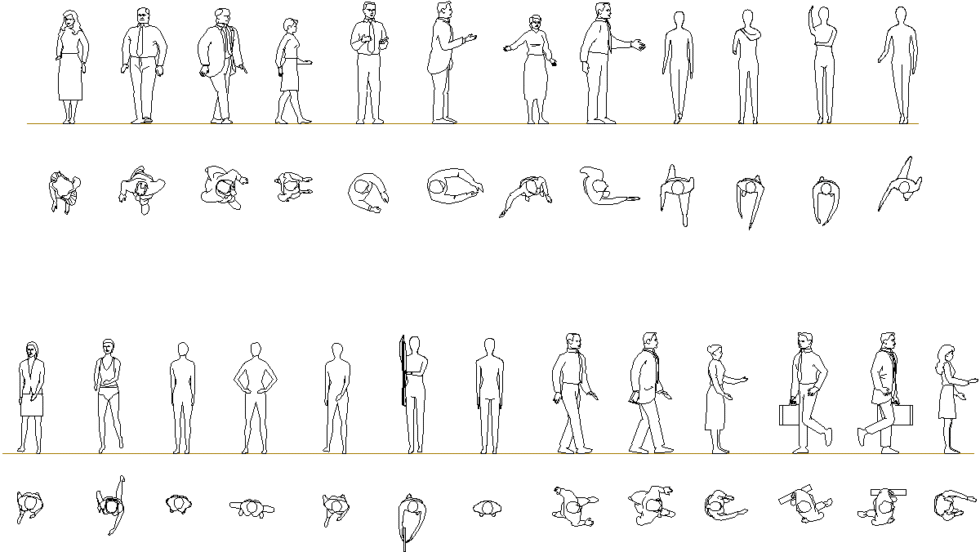 Collection of CAD blocks of human silhouettes in elevation and top views for architectural plans