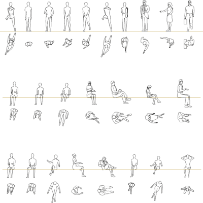 CAD blocks of people standing in front elevation and top view for architectural plans