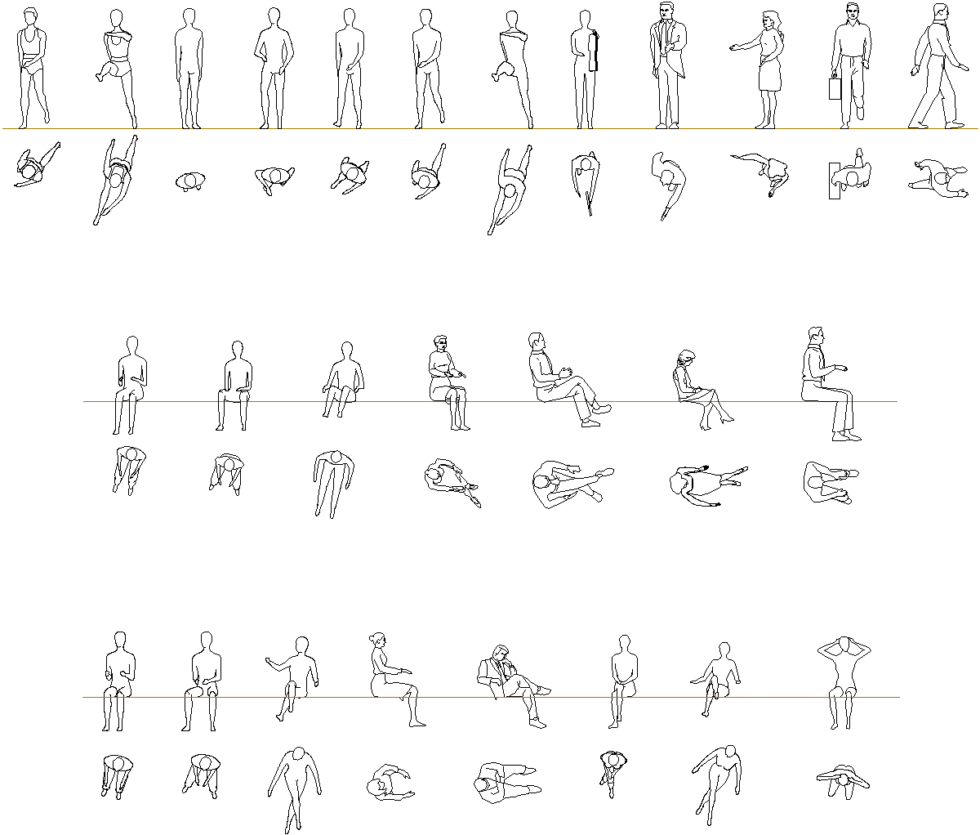 CAD blocks of people standing in front elevation and top view for architectural plans
