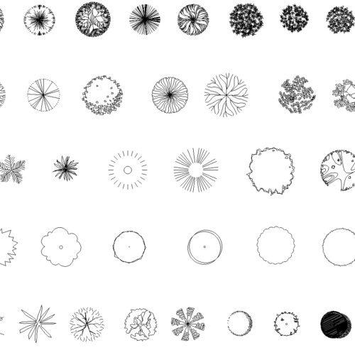48 CAD blocks of trees in plan view with metric and imperial dimensions