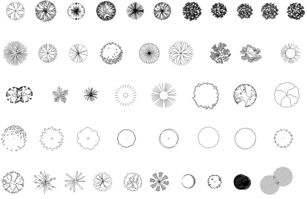 48 CAD blocks of trees in plan view with metric and imperial dimensions