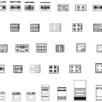 Top and front view of kitchen range and cooktop CAD blocks in DWG format for architectural kitchen design