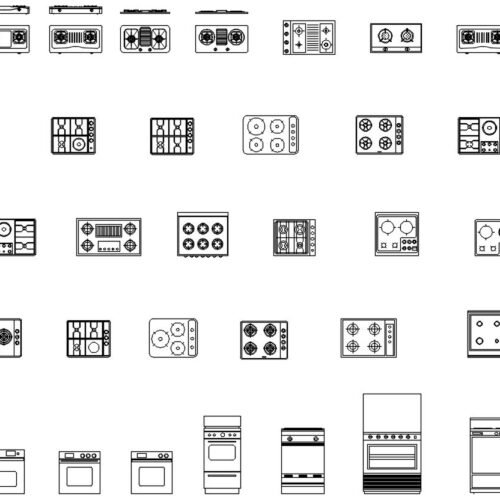Top and front view of kitchen range and cooktop CAD blocks in DWG format for architectural kitchen design