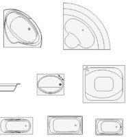 Plan view CAD blocks of bathtubs, including rectangular, corner, oval, and square models for architectural drawings.