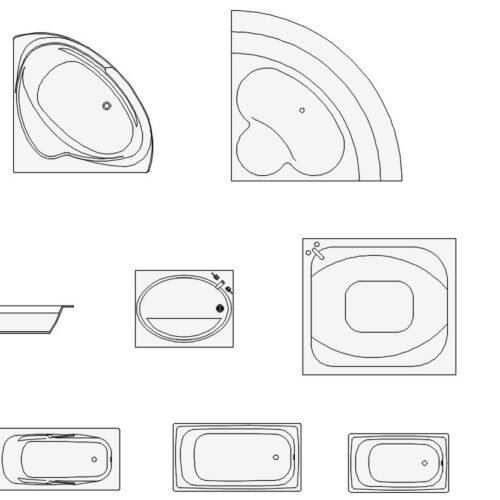 Plan view CAD blocks of bathtubs, including rectangular, corner, oval, and square models for architectural drawings.