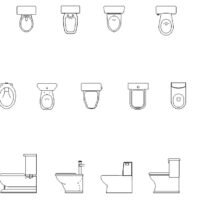 31 Line drawings of free CAD blocks WC plan and elevation views, showing various toilet types, including back-to-wall, low tank, and open-front seat designs in US and metric scales.