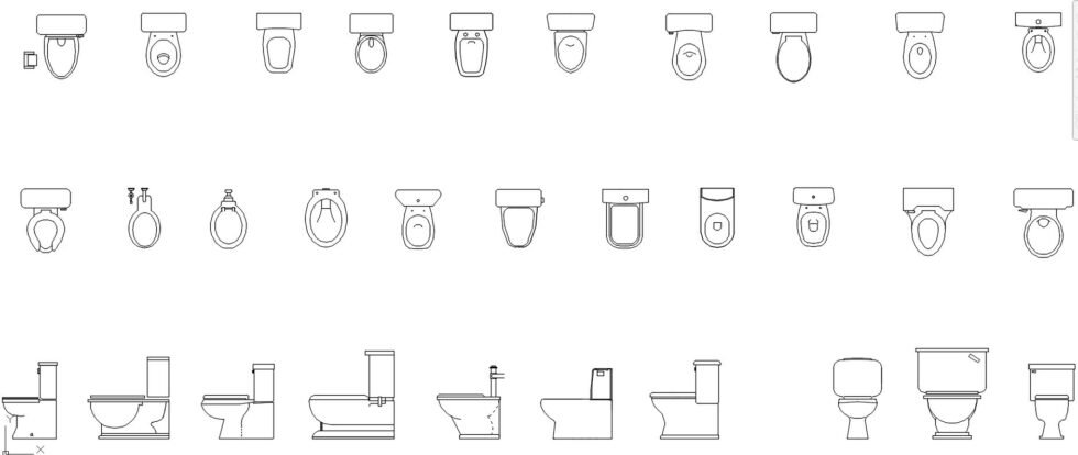 31 Line drawings of free CAD blocks WC plan and elevation views, showing various toilet types, including back-to-wall, low tank, and open-front seat designs in US and metric scales.