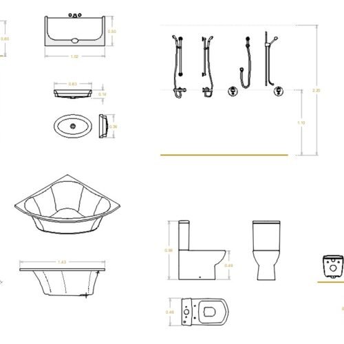 Technical CAD blocks of modern bathroom fixtures: wall-hung toilets, corner bathtub, double bathtub, and accessible shower tray with dimensions.