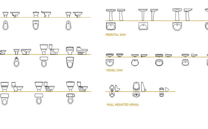 CAD blocks collection of sanitary ware including toilets, bidets, pedestal sinks, vessel sinks, and urinals in plan and elevation views.