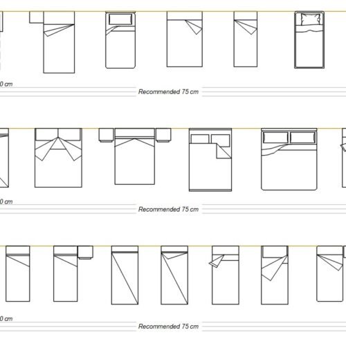 beds plan view CAD blocks with clearance dimensions metric and imperial