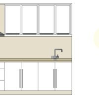 modern kitchen elevation CAD drawing with sink section, cabinets and range hood