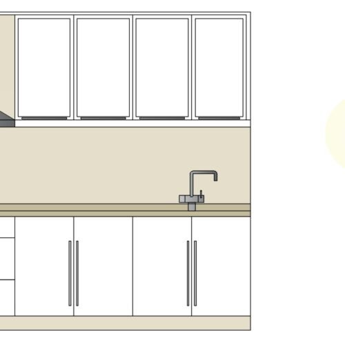 modern kitchen elevation CAD drawing with sink section, cabinets and range hood