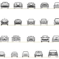 Collection of 28 car CAD blocks showing front and rear elevations for architectural drawings.