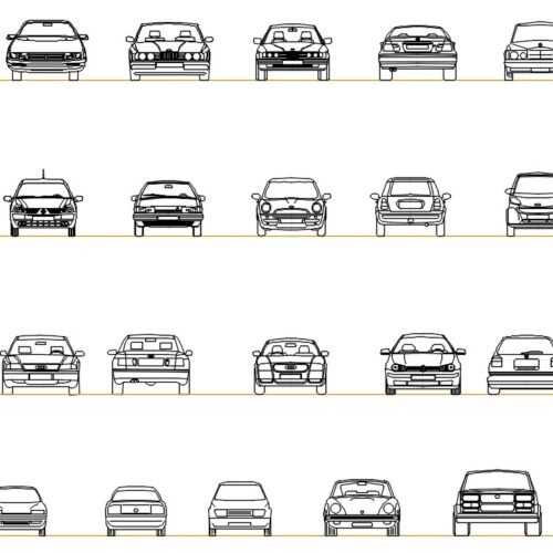 Collection of 28 car CAD blocks showing front and rear elevations for architectural drawings.