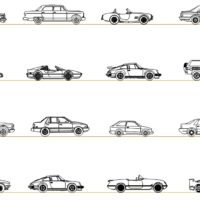 Side view CAD blocks collection of vehicles including sports cars, SUVs, classic cars, sedans and police vehicles for architectural drawings