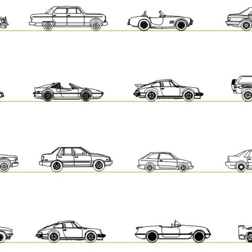 Side view CAD blocks collection of vehicles including sports cars, SUVs, classic cars, sedans and police vehicles for architectural drawings