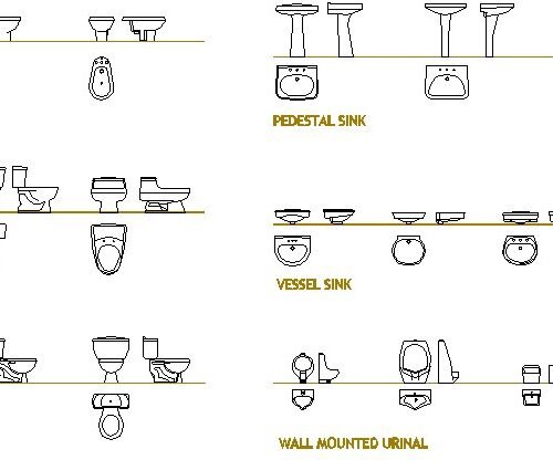 CAD blocks collection of sanitary ware including toilets, bidets, pedestal sinks, vessel sinks, and urinals in plan and elevation views.