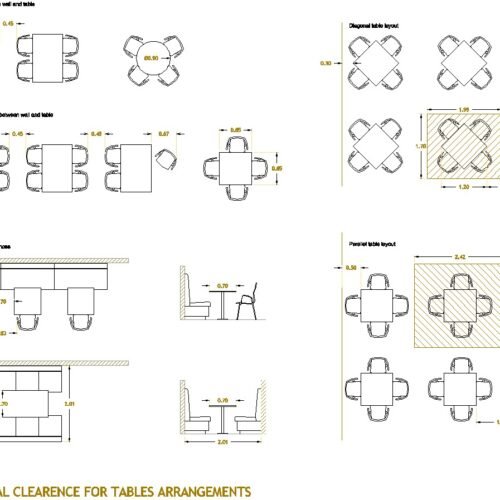 CAD diagram showing minimum restaurant seating clearances and table layout standards for parallel, diagonal, and booth seating.