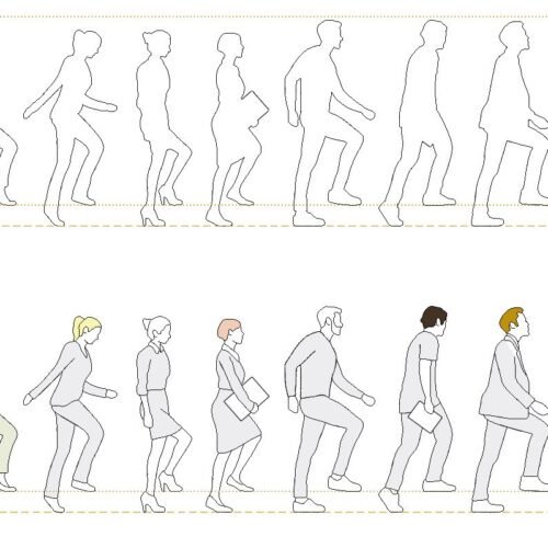 People stepping up CAD blocks in elevation view showing men and women walking up stairs in DWG format.