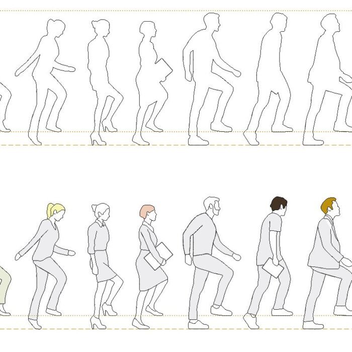 People stepping up CAD blocks in elevation view showing men and women walking up stairs in DWG format.