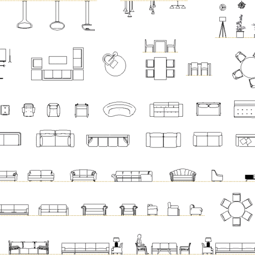 Complete collection of 57 living room and dining room furniture CAD blocks in plan and elevation views
