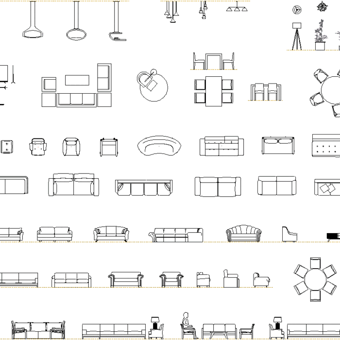 Complete collection of 57 living room and dining room furniture CAD blocks in plan and elevation views