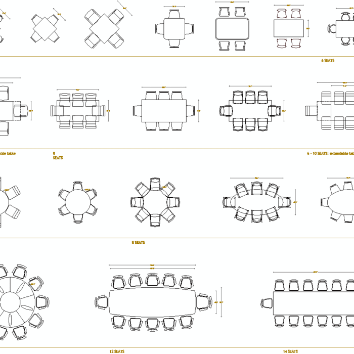 Plan view dining table CAD blocks with chairs and extendable tables in DWG format