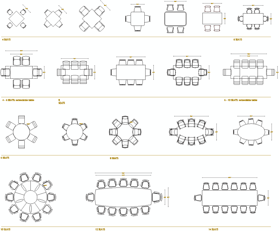 Plan view dining table CAD blocks with chairs and extendable tables in DWG format